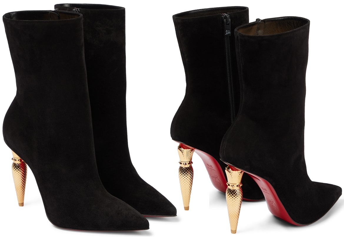 A pair of sleek suede booties with Christian Louboutin's signature lipstick case heels