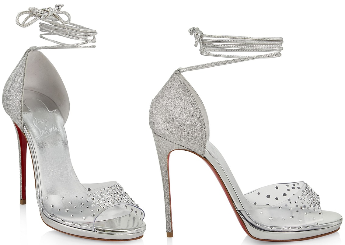 The Degratina Frou is defined by the transparent PVC vamp strap sprinkled with luminous specchio crystal strass