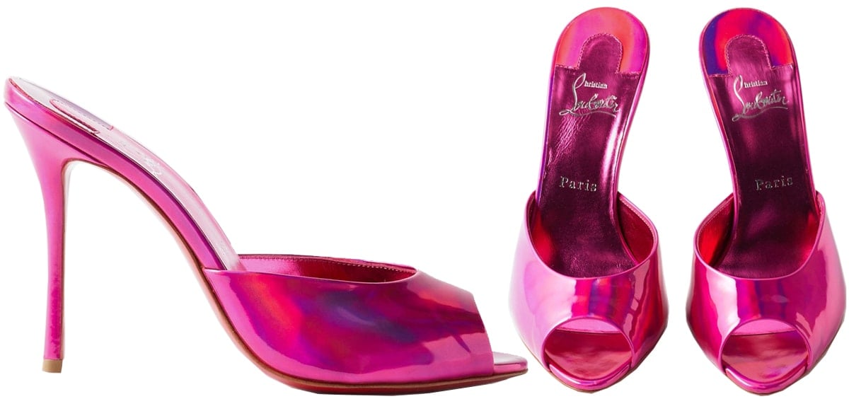 These Me Dolly Mules are made from Fuxia pink Patent Psychic leather and feature peep toes, low-cut vamps, and stiletto heels