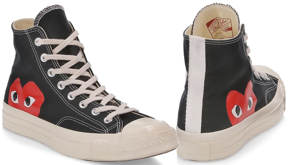 The all-time favorite Converse Chuck Taylor All Star High Sneakers are adorned with CDG PLAY's heart-and-eyes, a motif created for Rei Kawakubo by Filip Pagowski in 2010