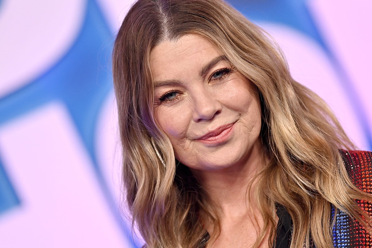 Ellen Pompeo styles her hair in loose waves and wears understated makeup with pink lip gloss