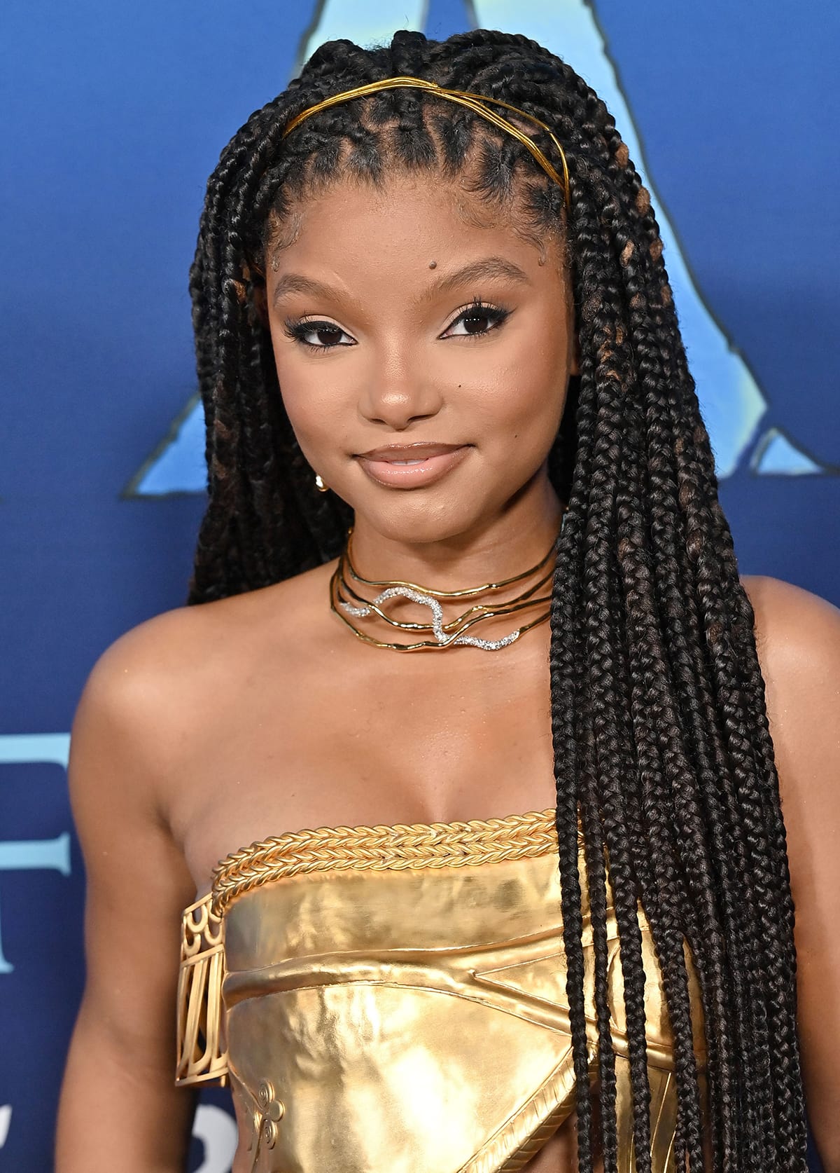 Halle Bailey wears her hair in long knotless braids and accentuates her eyes with winged eyeliner and nude lipstick