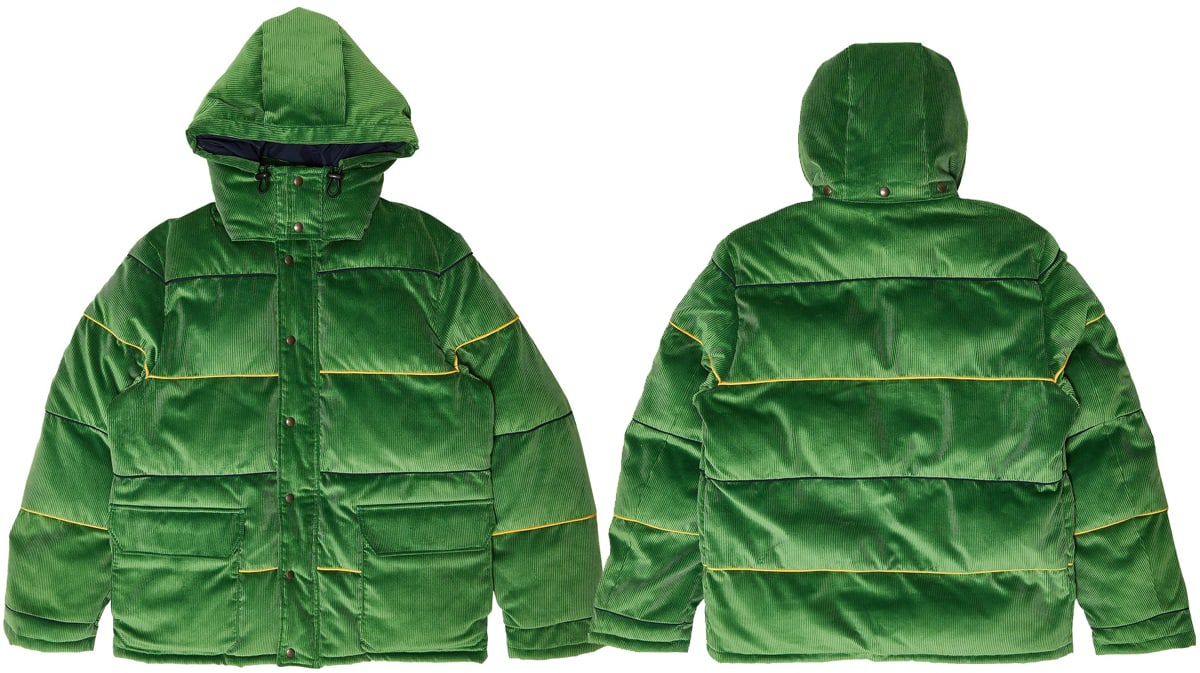 Stay warm and cozy in this corduroy puffer in striking emerald green color