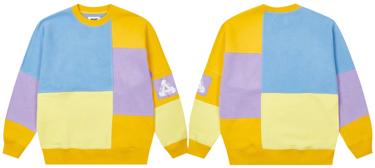 Also from the Spring 2022 collection, the color-block crew neck sweater features multiple pastel colors, complete with the Palace infinite triangle logo