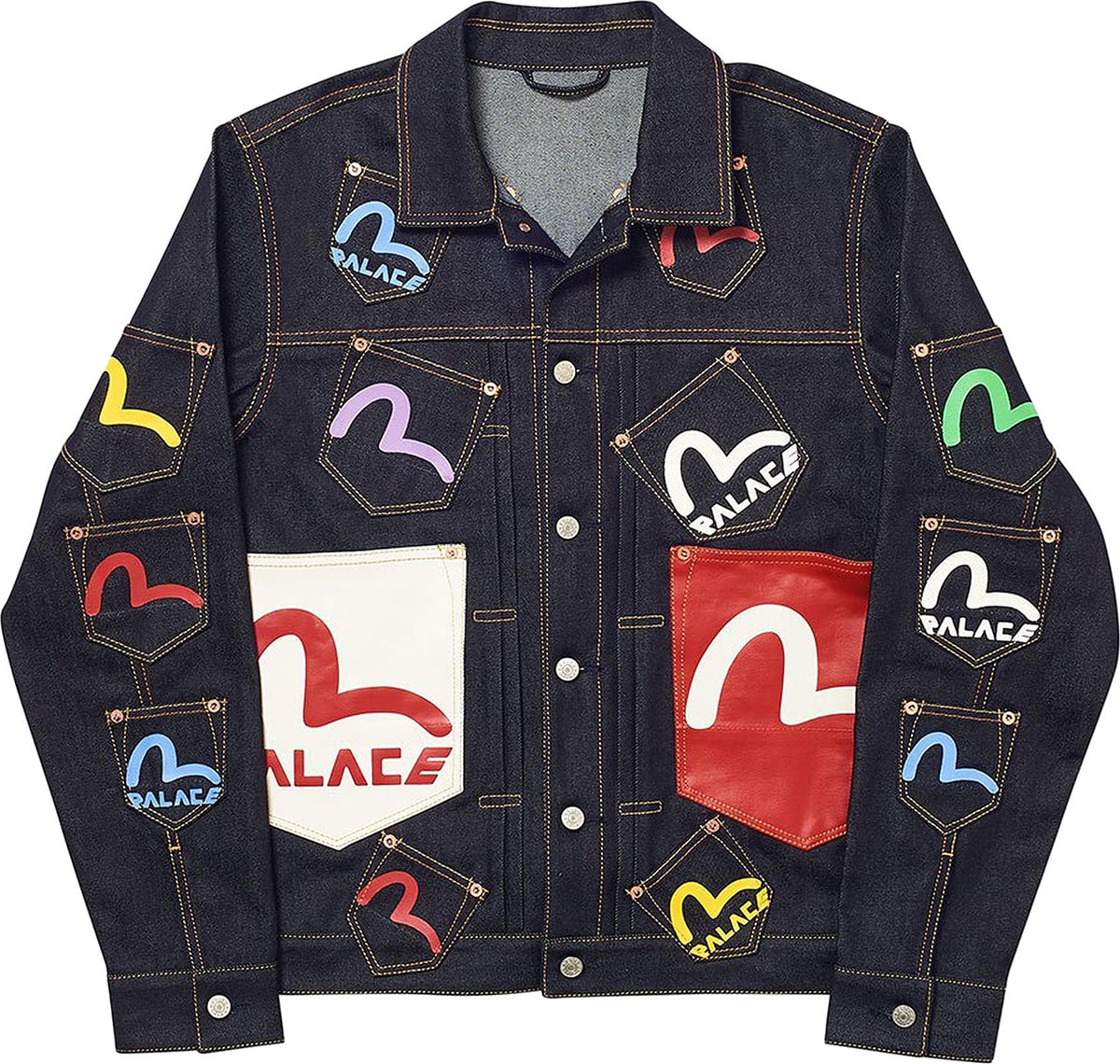 This denim jacket is decorated with multiple pockets and a mix of Palace logo and Evisu's signature seagull