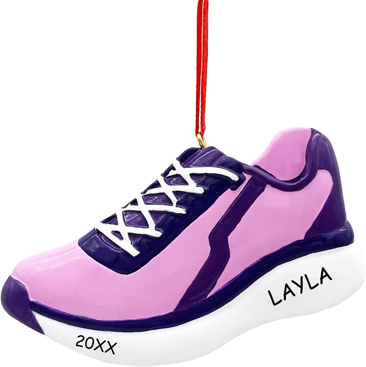 This personalized shoe ornament features a ribbon loop for easy display