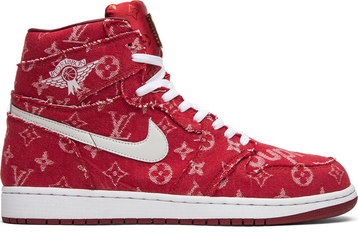 This custom Supreme x Louis Vuitton x Red Ribbon Recon x Air Jordan 1 Retro High sneaker features the body of the Air Jordan 1, with its upper constructed with the LV logo-heavy red denim baseball jersey from the 2017 Supreme x LV collaboration