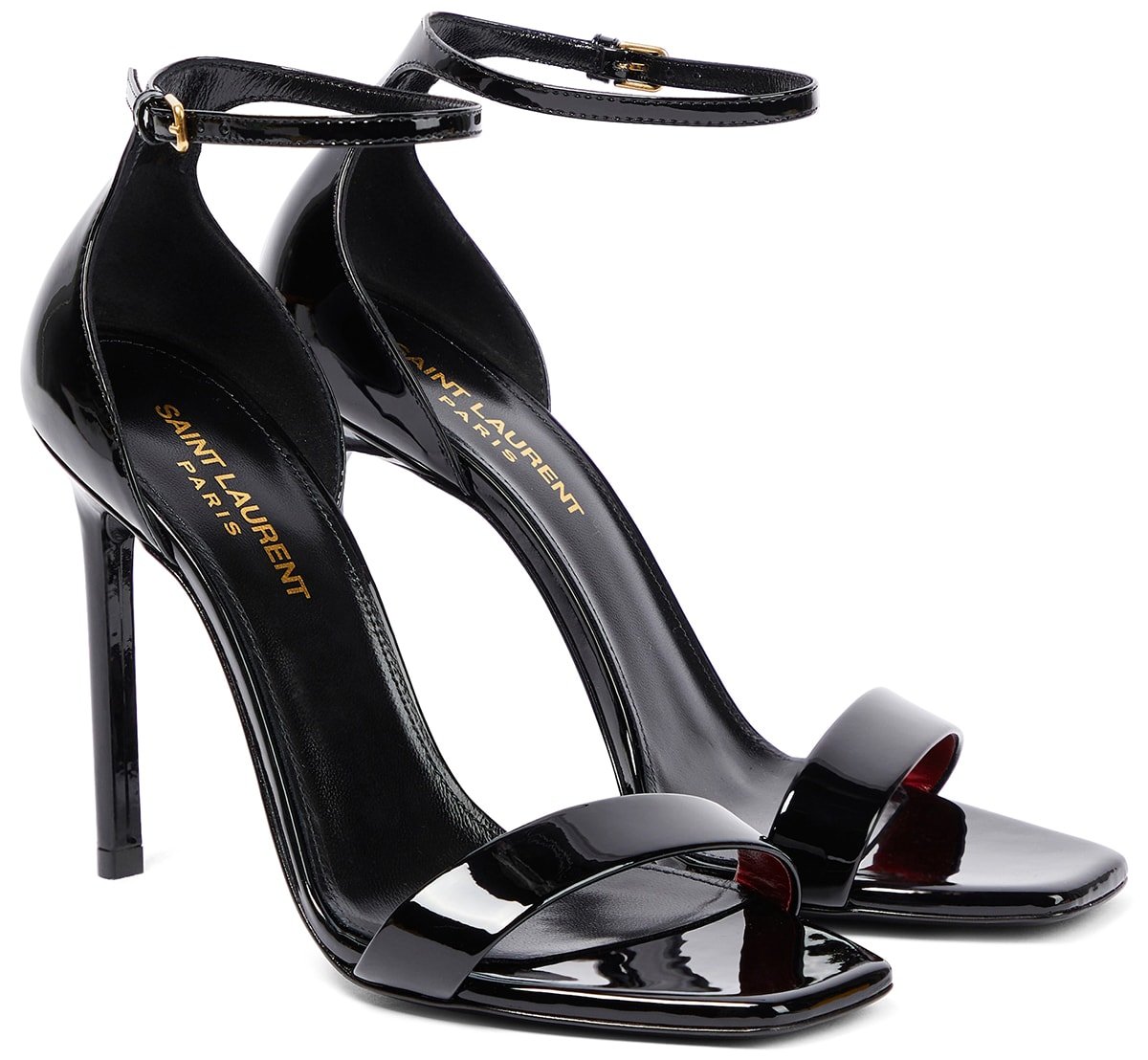 These Saint Laurent Amber sandals have trendy square open toes, ankle straps, and thin stiletto heels