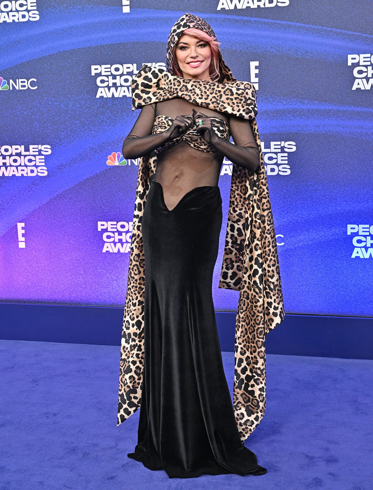 Shania Twain wears a custom Rodarte gown with a leopard-print draped hooded scarf, a see-through torso, and a black velour skirt