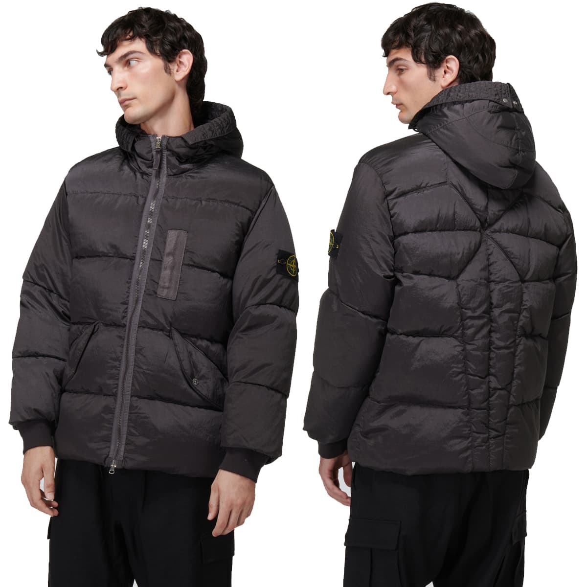This Stone Island down jacket has a unique iridescent look thanks to the brand's garment-dyed regenerated nylon