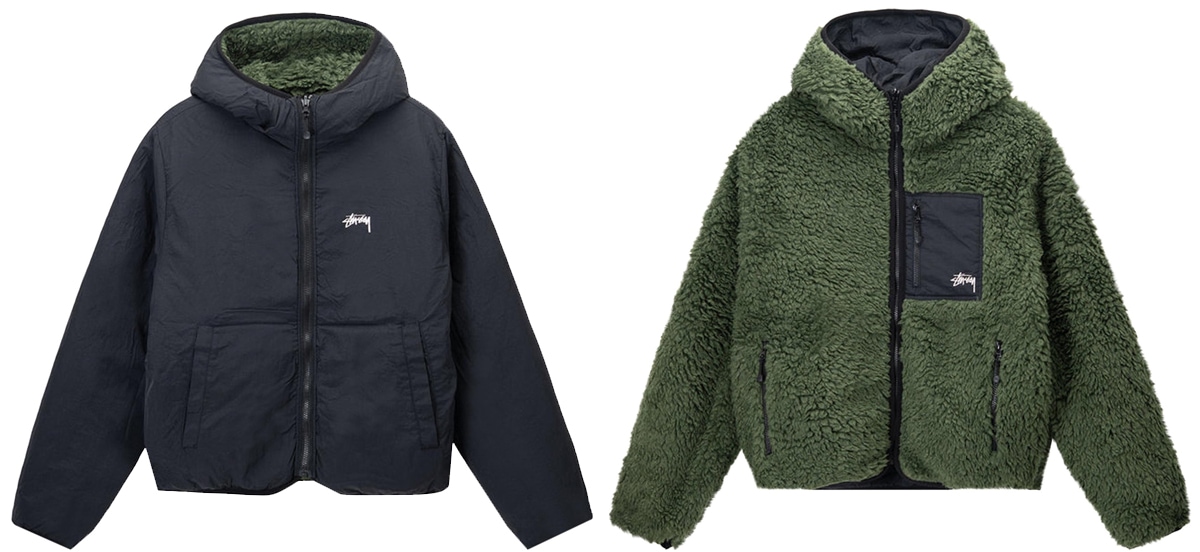 A reversible sherpa fleece and nylon jacket with a three-piece hood and a Taslan zip chest pocket with a Stussy logo embroidery