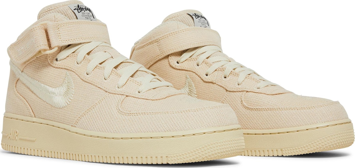 Stussy revamps the classic Air Force 1 by replacing the traditional leather uppers with a hemp canvas build in off-white finish with an embroidered Swoosh logo