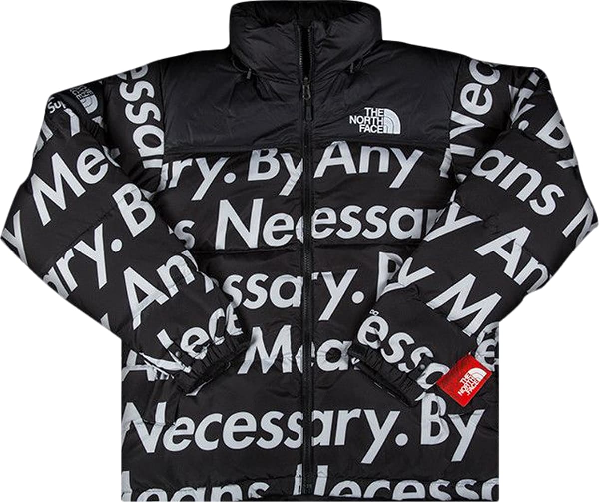 From the Supreme x The North Face Fall/Winter 2015 collection, the By Any Means Nuptse Jacket features a water-resistant shell with 700-Fill down insulation