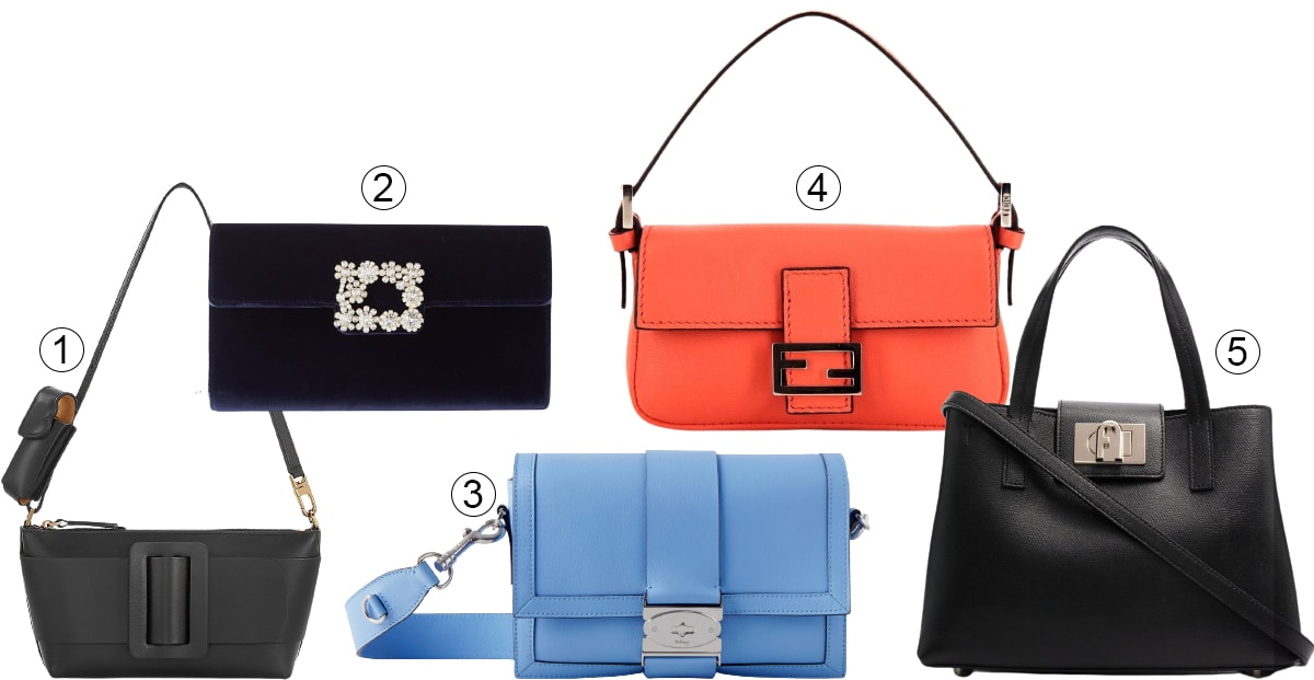 1. Boyy Leather Buckle Pouchette; 2. Roger Vivier Flower Strass Crystal Buckle Clutch Bag; 3. Mulberry Postman Small Postman Lock Messenger Bag; 4. Fendi Pre-Owned Mini Baguette Handbag; 5. Furla Square-Buckle Tote Bag