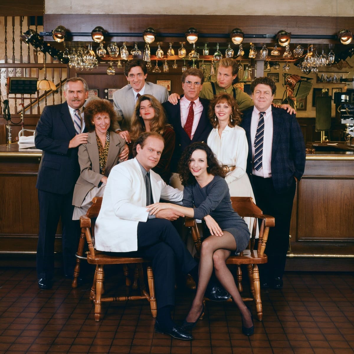 The cast of the popular sitcom television series Cheers, which ran from 1982 to 1993 with a total of 275 half-hour episodes across 11 seasons