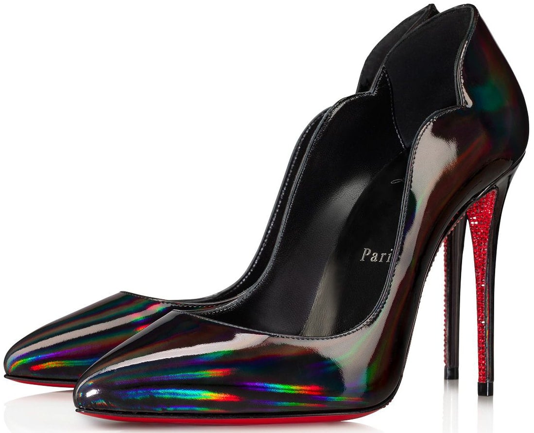 The classic Hot Chick pumps in iridescent black patent calf leather, finished with hand-placed red strass on the soles