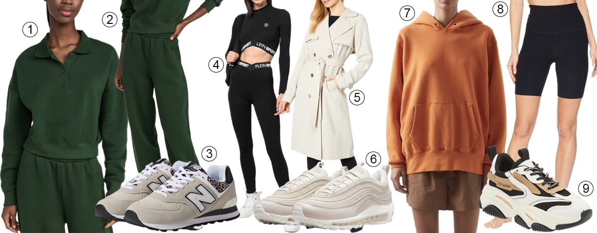 1. MWL by Madewell Weekender Polo; 2. MWL by Madewell Oversized Boyfriend Sweatpants; 3. New Balance Classics WL574 V2; 4. Plein Sport Logo-Print Leggings Set; 5. Michael Kors Wrap Trench Duster; 6. Nike Air Max 97 Sneakers; 7. Les Tien Brushed-Back Cotton-Jersey Hoodie; 8. Beyond Yoga Spacedye Biker Shorts; 9. Steve Madden Possession Sneaker