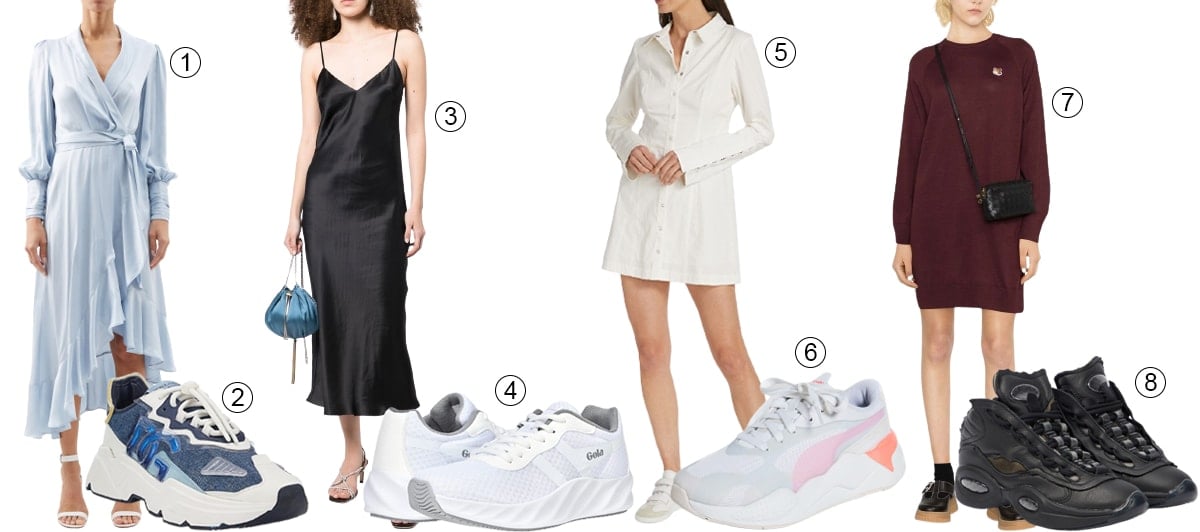 1. Zimmermann Ruffled Asymmetric Silk-Satin Wrap Dress; 2. Dolce & Gabbana Daymaster Denim Sneaker; 3. Gilda & Pearl Sophie Midi-Slip Dress; 4. Gola Draken Run Sneakers; 5. Free People Thea Minidress; 6. Puma RS-X Plas Tech Sneaker; 7. Maison Kitsuné Knitted Jumper Dress; Maison Margiela x Reebok Question Mid Leather Sneakers