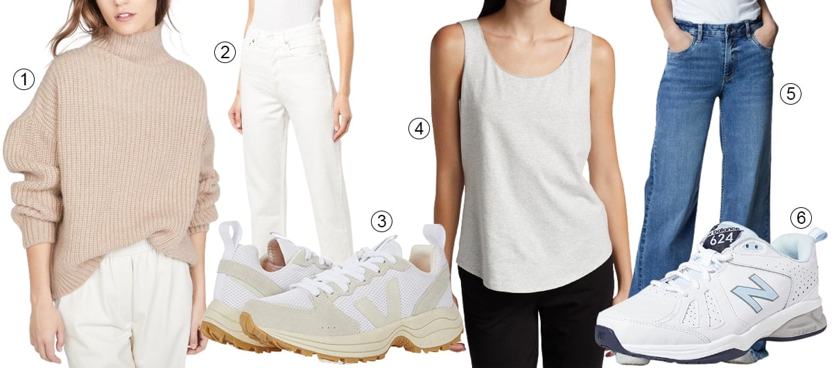 1. Anine Bing Sydney Sweater; 2. Agolde 90s Pinch Waist Jeans; 3. Veja Venturi Sneakers; 4. Nic + Zoe Shirt Tail Perfect Tank Top; 5. Hint of Blu Mighty High-Waist Wide-Leg Jeans; 6. New Balance 624 V5