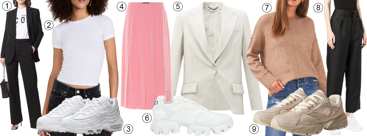 1. Dsquared2 Wide-Leg Two-Piece Suit; 2. Leset Kelly Rib Tee; 3. Nike Air Max 95 Essential; 4. Joseph Saria Silk Crepe de Chine Midi Skirt; 5. Stella McCartney Lindsay Wool-Twill Jacket; 6. Prada Cloudbust Thunder High-Tech Sneaker; 7. Vince Camuto Gradation Crew Neck Sweater; 8. Comme Des Garçons Straight-Leg Tailored Trousers; 9. Gant Mardii Sneakers