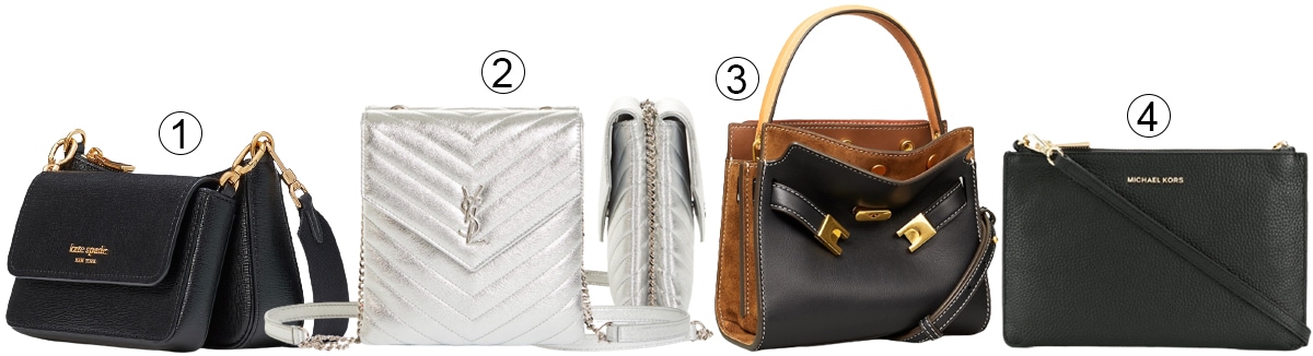 1. Kate Spade Morgan Saffiano Double Up Crossbody Bag; 2. Saint Laurent Quilted Metallic Leather Double Flap Crossbody Bag; 3. Tory Burch Lee Radziwill Petite Leather Double Bag; 4. Michael Kors Large Double Pouch Crossbody Bag