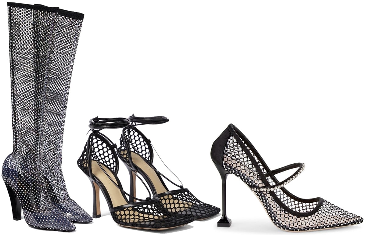 Saint Laurent Embellished Mesh Knee-High Boots; Bottega Veneta Stretch Leather-Trimmed Mesh Pumps; Miu Miu Crystal-Embellished Fishnet Pump