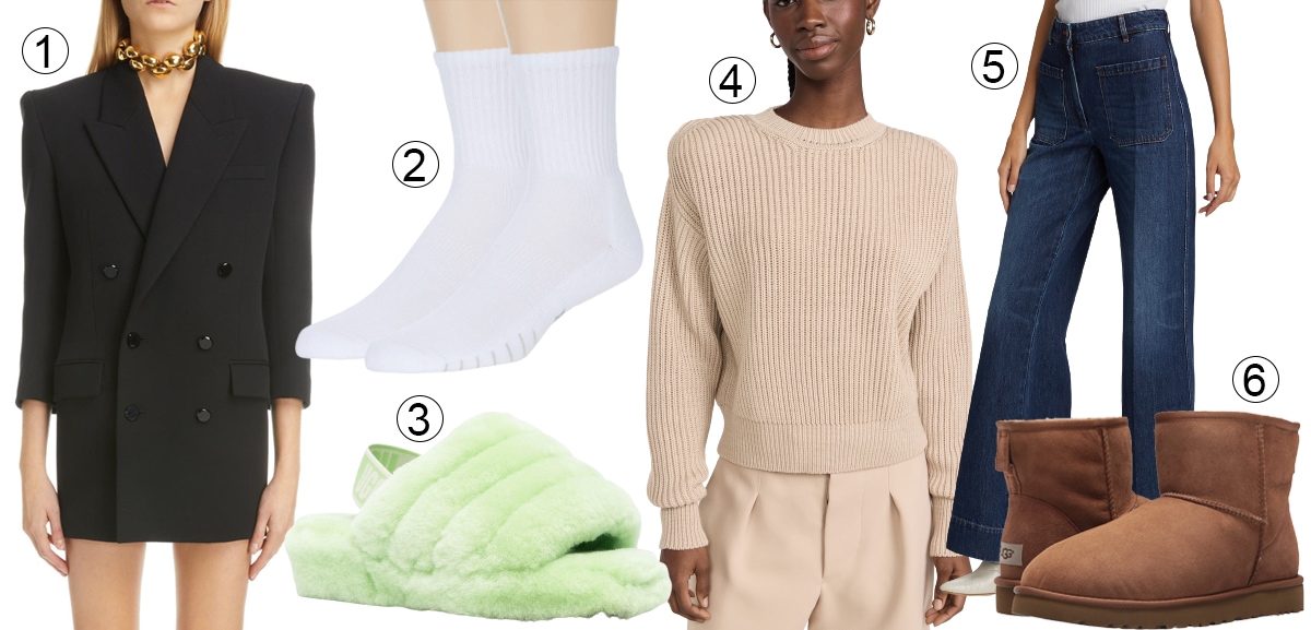 1. Yves Saint Laurent Double-Breasted Wool Blazer Minidress; 2. Eurosock Slam Cool Crew Socks; 3. UGG Fluff Yeah Slingback Sandal; 4. Wardrobe.NYC HB Knit Sweater; 5. Victoria Beckham Alina Wide-Leg Jeans; 6. UGG Classic Mini