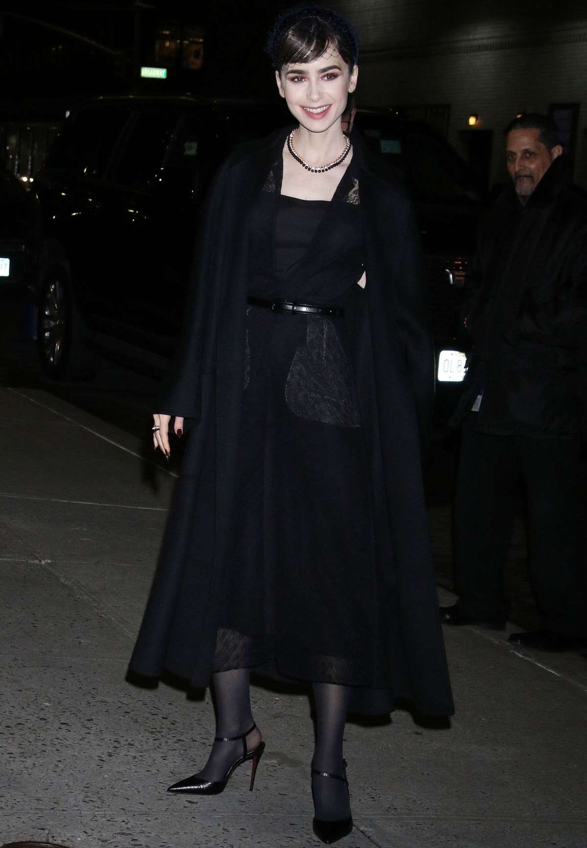 Lily Collins made a dramatic entrance in Christian Louboutin Jenlove pumps at the Ed Sullivan Theater