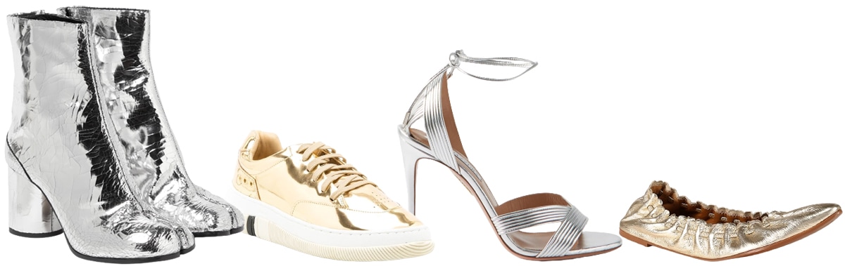 Maison Margiela Tabi Metallic Leather Ankle Boots; Osklen Metallic-Effect Sneaker; Aquazzura Ari Metallic Sandal; See by Chloe Jane Metallic Ballet Flat