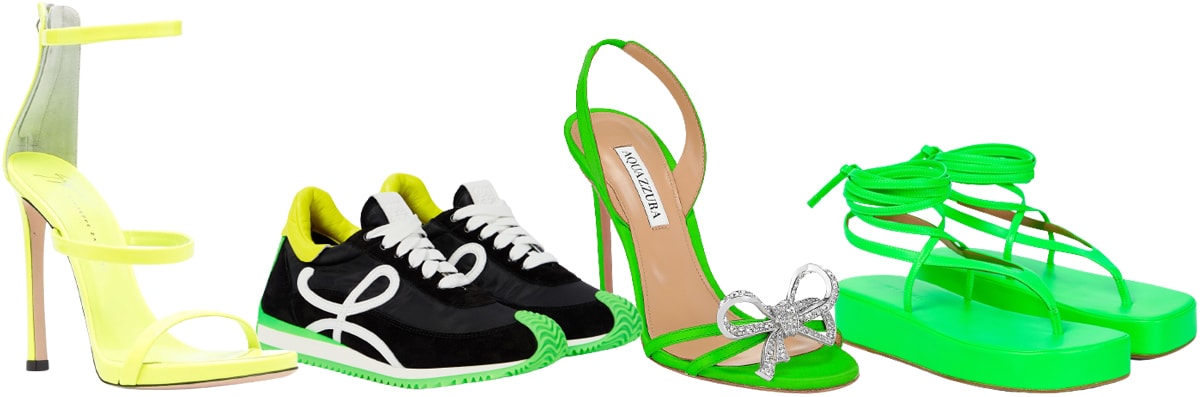 Giuseppe Zanotti Open-Toe Sandal; Loewe Flow Suede-Paneled Sneakers; Aquazzura Babe Neon Satin Stiletto Sandal; Amina Muaddi Jamie Platform Thong Sandals