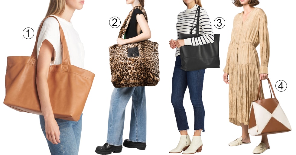 1. Madewell The Piazza Oversize Tote; 2. R13 Leopard-Print Oversize Tote Bag; 3. Rag & Bone Logan Leather Tote; 4. Nanushka Oversized Tote Bag