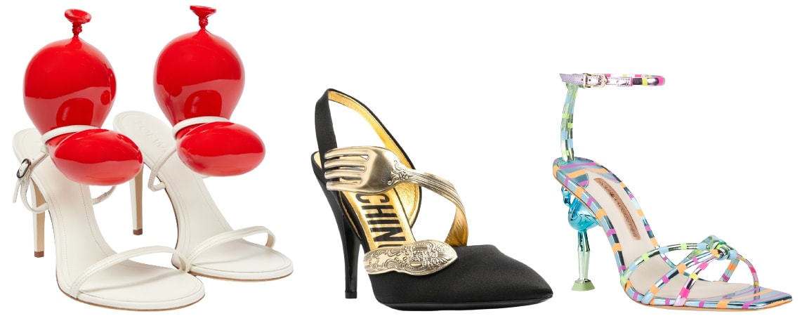 Loewe Balloon Leather Sandals; Moschino Fork Front Pump; Sophia Webster Flo Flamingo Stripe Metallic Leather Sandal