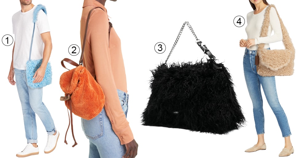 1. Dries Van Noten Furry Shearling Crossbody Bag; 2. Acne Studios Agora Furry Fleece Sling Backpack; 3. Alberta Ferretti Dory Furry Effect Bag 4. Saint Laurent Furry Bag in Shearling