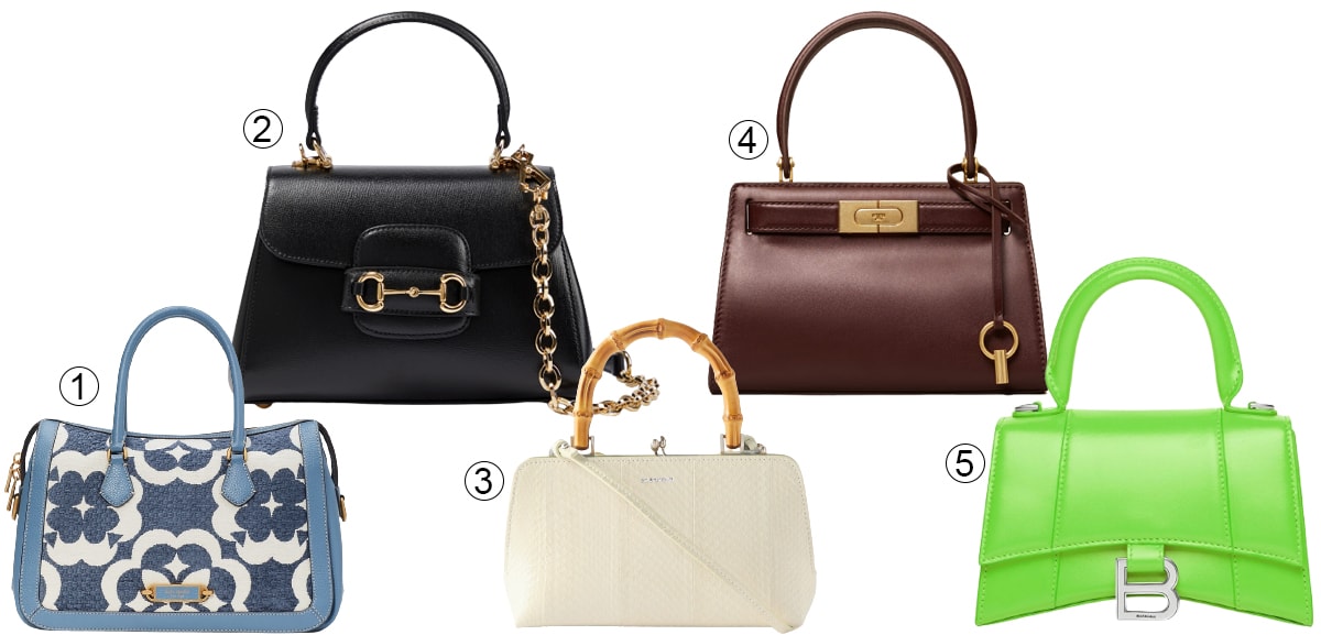 1. Kate Spade Gramercy Floral Top-Handle Bag; 2. Gucci Horsebit 1955 Leather Tote; 3. Jil Sander Mini Bamboo-Handle Elaphe Bag; 4. Tory Burch Mini Lee Radziwill Bag; 5. Balenciaga XS Hourglass Top-Handle Bag