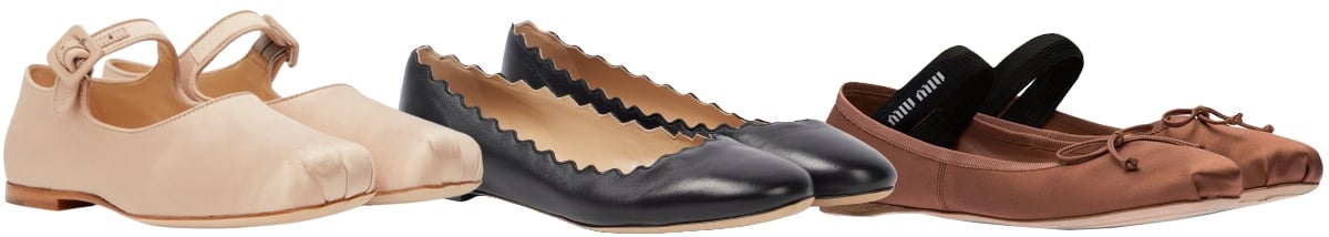 Sandy Liang Pink Mary Jane Pointe Flats; Chloe Laurent Leather Ballet Flats; Miu Miu Satin Slip-On Ballerina Shoes
