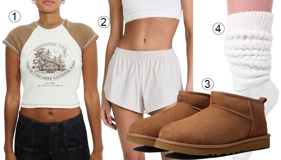 1. BDG Urban Outfitters National Park Crop Graphic Tee; 2. All Access Run Shorts; 3. UGG Classic Ultra Mini; 4. American Made Store Heavy Slouch Cotton Socks