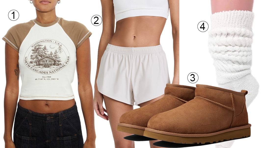 Complete Your Look: 1) BDG Urban Outfitters National Park Crop Graphic Tee; 2) All Access Run Shorts; 3) UGG Classic Ultra Mini Boots; 4) American Made Store Heavy Slouch Cotton Socks