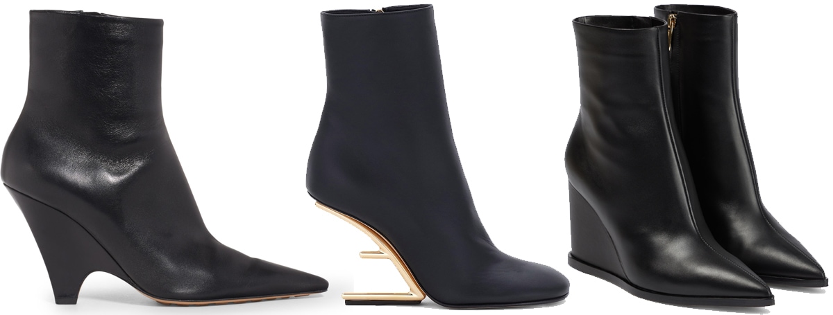Bottega Veneta Wedge Pointed Toe Bootie; Fendi First Leather Wedge Bootie; Gianvito Rossi Leather Wedge Ankle Boots