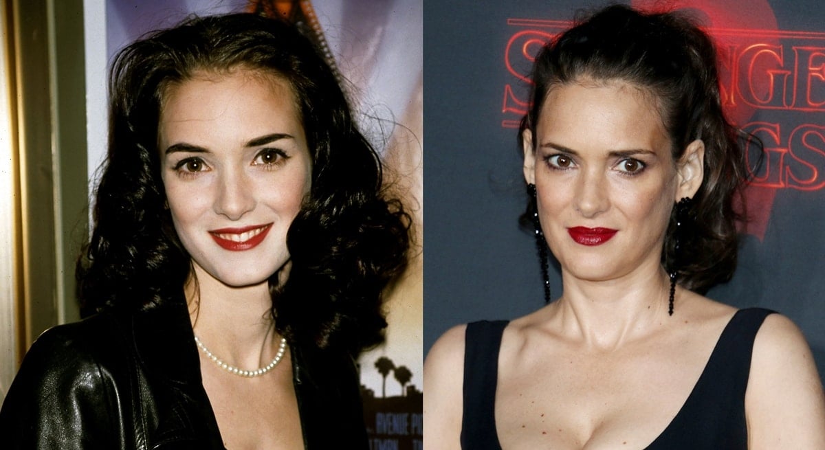 Before and after rumored plastic surgery: Winona Ryder in a leather jacket at "The Player" New York City Premiere on April 6, 1992 (L) and at the premiere of Netflix's Stranger Things Season 2 at Regency Bruin Theatre on October 26, 2017, in Los Angeles