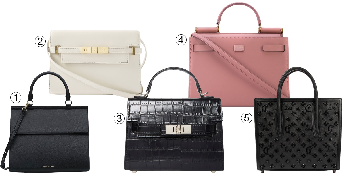 1. Modern Picnic The Large Luncher Vegan Leather Lunchbox; 2. Saint Laurent Manhattan Shoulder Bag; 3. Steve Madden Dignify Croc-Embossed Crossbody Bag; 4. Dolce & Gabbana Small Sicily Bag; 5. Christian Louboutin Paloma Medium Leather Tote Bag