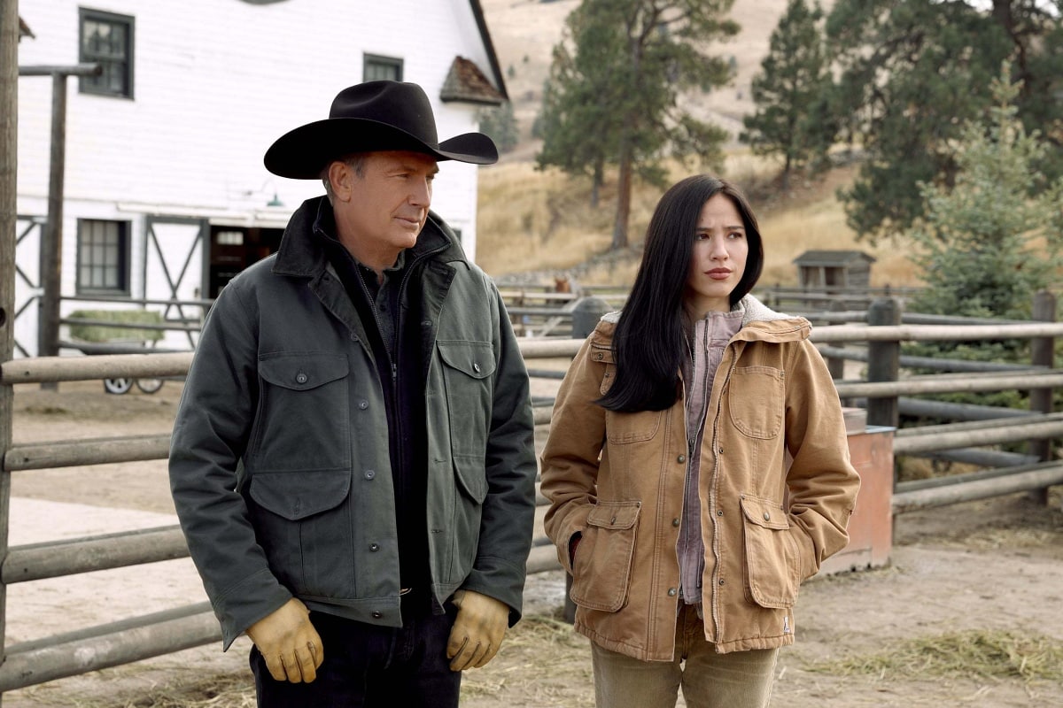 Kevin Costner as John Dutton and Kelsey Asbille as Monica Dutton in the neo-Western drama television series Yellowstone
