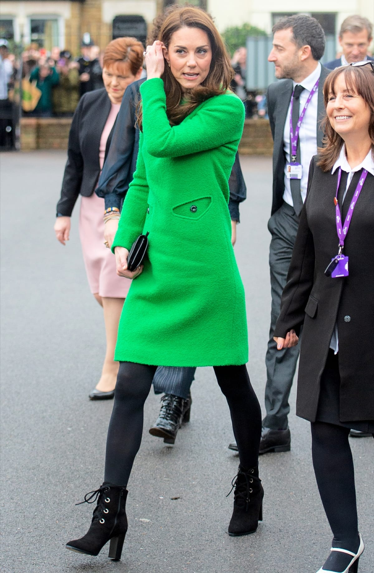 Catherine, Duchess of Cambridge, wears L.K. Bennett boots with a green Eponine dress to visit the Lavender Primary School in support of Place2Be’s Children’s Mental Health Week in London, England, on February 5, 2019
