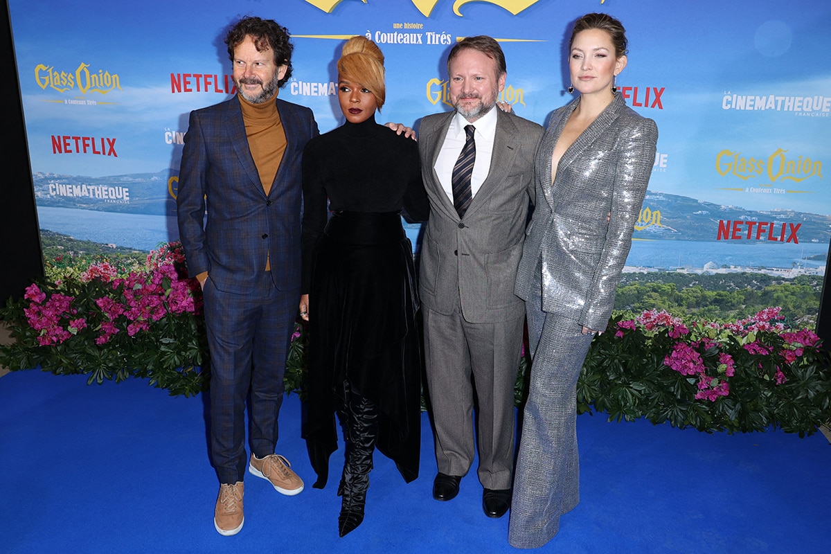 Producer Ram Bergman, Janelle Monae, director Rian Johnson, and Kate Hudson at the Paris premiere of Glass Onion: A Knives Out Mystery held at La Cinematheque on December 15, 2022