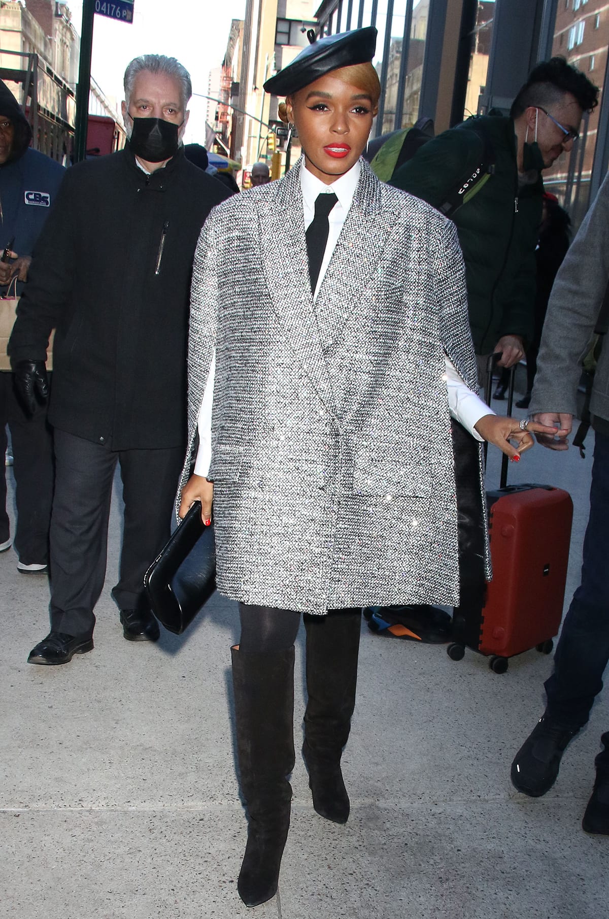 Janelle Monae arriving at The View in a blazer-style cape for the Glass Onion: A Knives Out Mystery Q&A screening 
