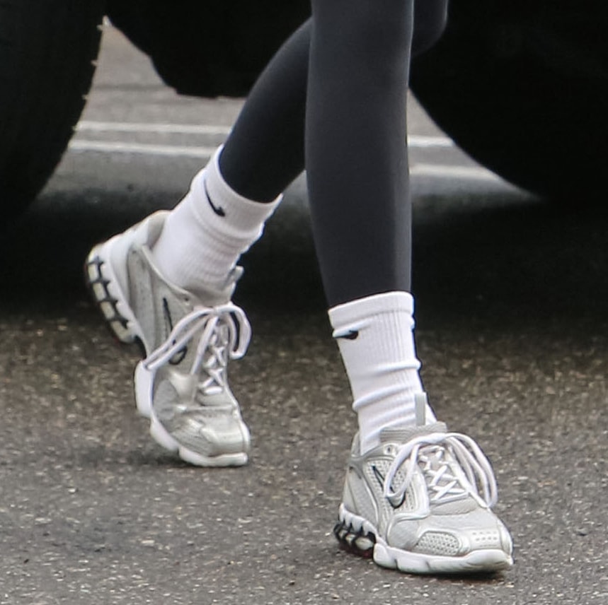 Kendall Jenner completes her sporty workout outfit with white Nike socks and Air Zoom Spiridon Cage 2 shoes