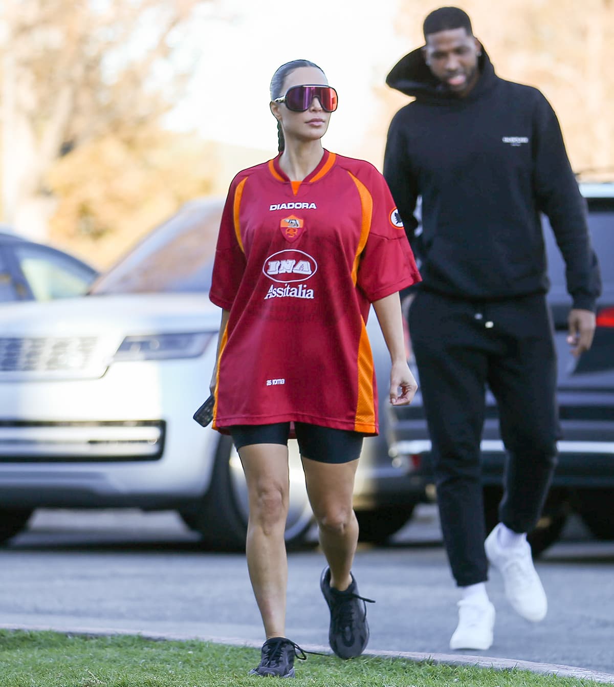 Kim Kardashian is accompanied by Tristan Thompson at her kids Saint and North West's basketball game on January 27, 2023