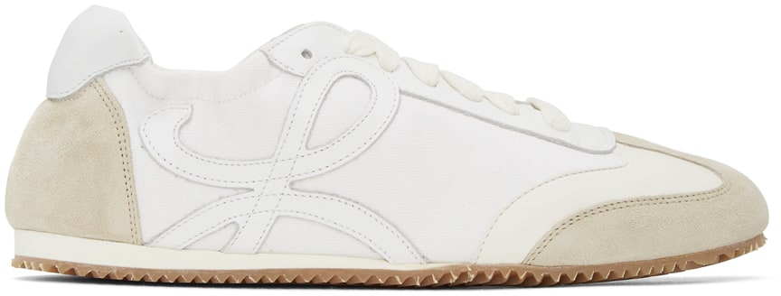 These low-top paneled buffed leather, suede, and nylon sneakers boast a ballet flat silhouette with round toes, tonal laces, logo appliques, and treaded rubber soles