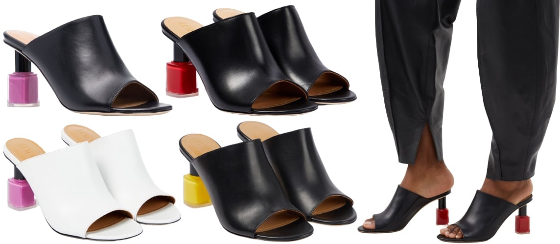 These Loewe mules feature a classic silhouette, elevated with a playful bottle of nail polish in place of a heel