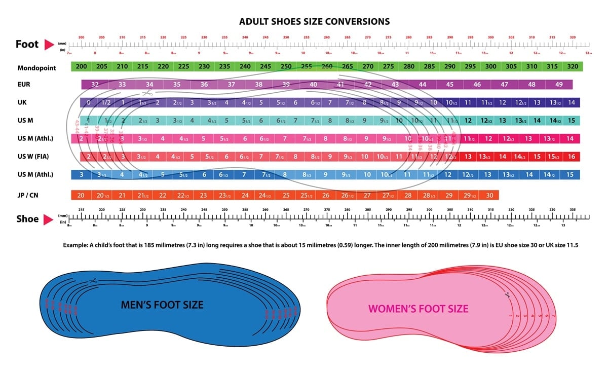 General conversion table for adult shoe sizes, which can vary by brand and style of shoe