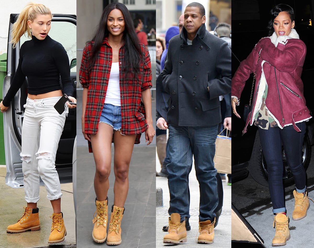 Celebrities Hailey Bieber, Ciara, Jay-Z, and Rihanna wearing Timberland's Original Yellow boots